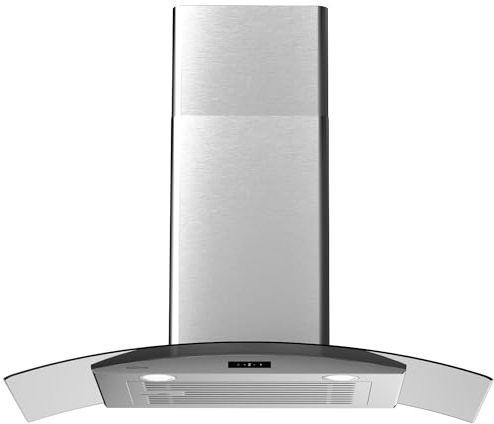 SOONYE 30 Inch Wall Mounted Curved Glass Range Hood with 450 CFM Stainless Steel kitchen Ductless/Ducted Convertible with 3 Speeds Extract Fan & Touch Control