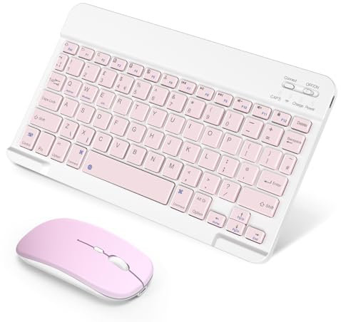 SOPPY Portable Bluetooth Keyboard and Mouse, Rechargeable Mini Keyboard, Wireless Keyboards for iPad 9.7/10.2/iPad Air/Pro/Tablets/iOS/Android/Windows, UK Layout (Pink)