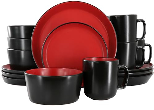 Elama Bacarra 16 Piece Stoneware Dinnerware Set in Two Tone Black and Red