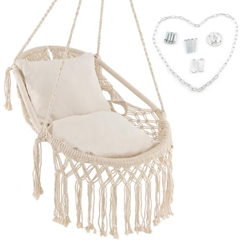 GOPLUS Chaise à Bascule Macramé, Siège Suspendu en Corde Coton avec Coussins Moelleux et Kits de Fixation, Charge 150 kg, Chaise hamac Suspendue pour Patio, terrasse