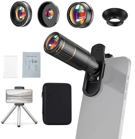 Camnoon Kit d'objectifs de téléphone 4 en 1 avec téléobjectif 22X, objectif fisheye 205°, objectif grand angle 4K 0,67X, objectif macro 25X, clip d'objectif, lèvre de téléphone et trépied pour