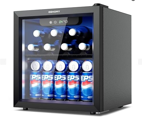 EUHOMY Beer Fridge with Glass Door, Mini Drinks Fridge 55 Can, Wine Fridge with Blue LED, Beverage Refrigerators, Removable Shelves for Bar/Home/Office/Dorm, Black, 37 L [Energy Class G]