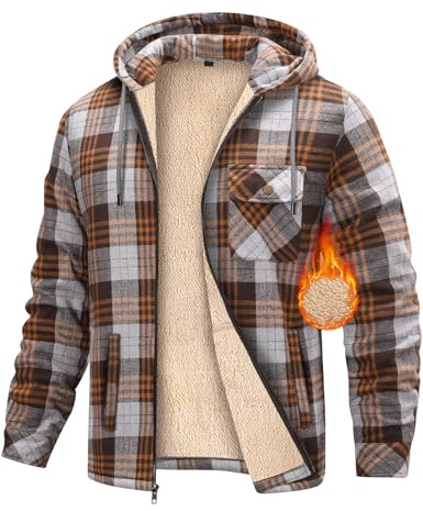 heekpek Fleecejacke Herren Hemdjacke Karierte Winter Kapuzenpullover Herren mit Reißverschluss Warme Kapuzenjacke Fleecefutter Hoodie Winterjacke Gefütterte Sweatjacke, Braun, XL