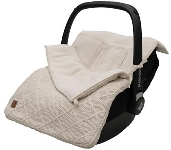 Jollein Coprigambe Check Knit, Oatmeal, per ovetto, seggiolino auto gruppo 0+ e passeggino, per cintura a 3 punti e 5 punti, motivo a maglia e fodera in pile