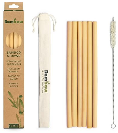 Bambaw Cannucce di Bamboo, Cannucce Riutilizzabili, senza BP, cannucce da drink in Bambù, Confezione da 6 Cannucce - 22 cm di lunghezza