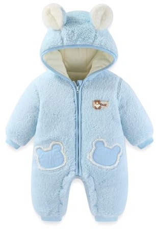 JiAmy Baby Fleece Snowsuit Winter Romper Hooded Warm Infant Newborn Jumpsuit Cute Bear Boys Girls Outfits 0-3 Months Blue