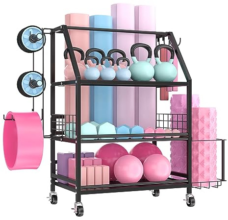 Misounda Support Poids Musculation Multifonctionnel, Support Rangement Gymnase, Pour Rouleaux En Mousse, Tapis De Yoga, Haltères, Kettlebells, Avec Crochets Et Roues Verrouillables - Noir
