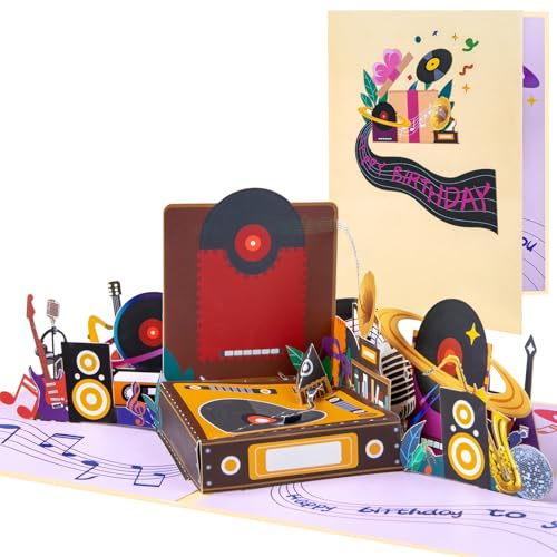 Biglietto Pop Up Giradischi Auguri Compleanno, Dono Romantico per Adulti e Ragazzi con Scheda Bianca ed Envelope, Carta Pieghevole Festa per Figlia, Figlio, Madre, Padre, Amico, Bambino