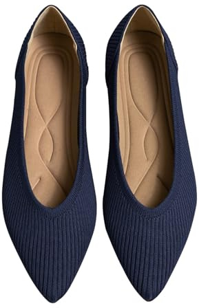 TINGRISE Women's Flats Shoes Pointed Toe Knit Ballet Comfortable Dressy Slip On Flat Navy 5UK