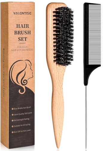 VALENTISE Boar Bristle Slick Back Hair Brush, Teasing Hair Brush with Black Carbon Fiber and Stainless Steel Tail Comb, Slick Hair Brush Set for Parting and Sectioning, Suitable for All Styling