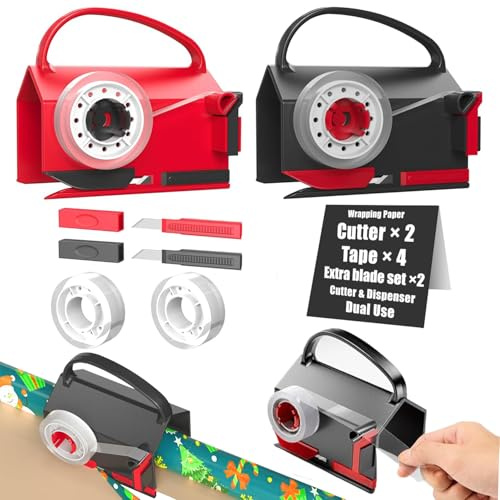 2 Pack Wrapping Paper Roll Cutter & Tape Dispenser Dual Use with 4 Tapes 2 Replace Blades Kit for Christmas Gift Wrap Tool Tube Sliding Slicing for Crafting Wrapping Paper Christmas Birthday Holiday