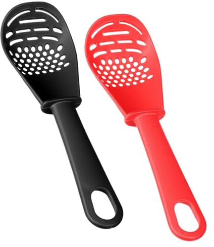 Hadnves 2 Pcs 6-in-1 Multifunctional Kitchen Cooking Spoon Heat Resistant Kitchen Utensils Slotted Spoon Tool for Cooking Mashing Draining Grating Separating (Red Black)