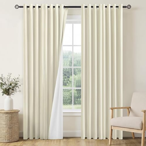 Best Baisite Blackout Curtains for Living Room 84 Inch Drop 2 Panels Eyelet Light Beige Cream Linen Curtains Soundproof Sun Blocking Bedroom Curtains with Coating Back Window Treatments 52 W x 84 L