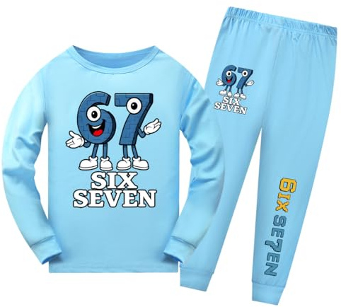 Temolie 67 Meme Ensemble de vêtements pour garçons et filles Six Seven Numéro 6 7 Noël Haut à manches longues et pantalon 2 pièces Survêtement pour enfants Streetwear, bleu ciel, 7-8 ans