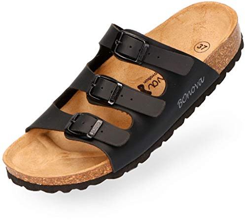 BOnova Menorca Pantolette Damen in 7 Farben und von Größe 35 bis 43. Der moderne Hausschuh für den Sommer. Bequemes Kork Fußbett – Laufen wie auf Wolken. Hergestellt in der EU – schwarz 42