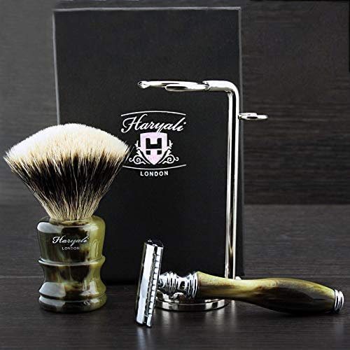 Traditional Silver Tip Wet Shaving Horn Set > Silver Tip Badger Shaving Brush & Classic DE Safety Razor - Luxury Horn Replica Resin Handles>Modern Shaving Classics by Haryali London - Great Gift Idea