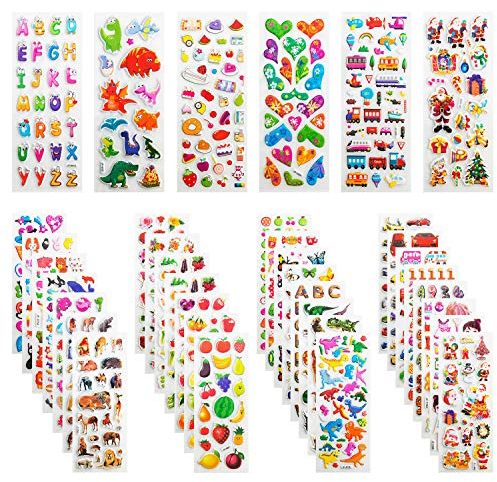 Leenou 950+ 3D-Aufkleber für Kinder, verschiedene Aufkleber für erfüllende Geschenke, Scrapbooking, einschließlich Tiere, Fische, Dinosaurier, Zahlen, Obst, Flugzeuge und mehr (36 Blatt)
