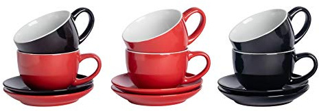 Argon Tableware 12 Piece Coloured Cappuccino Cup & Saucer Set - Modern Stoneware Tea & Coffee Cups - 250ml - Red/Black