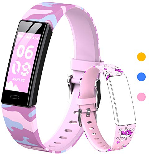 HOFIT Tracker Fitness, Smartwatch con Contapassi, Cardiofrequenzimetro e Monitor Del Sonno, Cronometro, Impermeabile Ip68, Orologio Braccialetto, 2 Cinturini, Regalo per Bambini Di 4-12 Anni(Rosa-A)