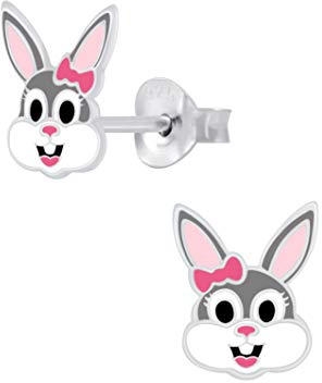 Laimons Kinder Mädchen-Ohrstecker Ohrringe Hase Kaninchen Häschen grau weiß 8 mm x 7 mm Sterling Silber 925