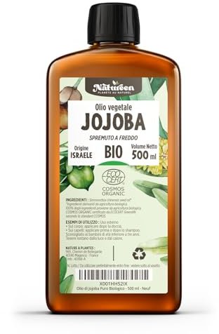 Olio di Jojoba Puro Biologico 500 ml - 100% Puro, Naturale, Pressato a Freddo - Biologico certificato da Ecocert