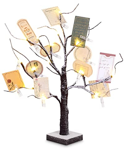 Coume Money Tree Gift Card Holder 1.5 ft Tabletop Display Tree with 72 LED Lights 15 Clear Clips Silver Display Birch Twig for Money Wedding Card Photo Birthday
