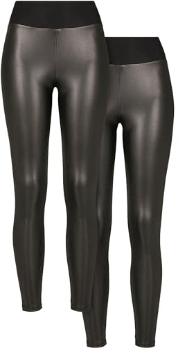 Urban Classics Damen Leggings Ladies Faux Leather High Waist Leggings 2-Pack Black+Black L