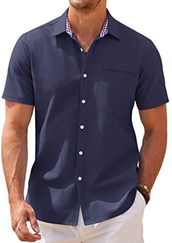 COOFANDY Mens Short Sleeved Shirts Oxford Casual Shirt for Men Summer Shirts Dress Chambray Shirt Work with Plaid Collar Navy Blue L