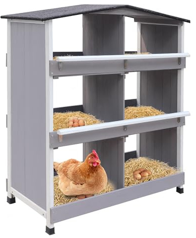 Chicken Nesting Boxes, 6 Compartments wood Chicken Laying Boxes with Automatic Egg Collection, Legs, Easy to Clean, Wall Mounted/Floor Rollaway Laying Box with Side Ventilation Holes for Ducks, Hens