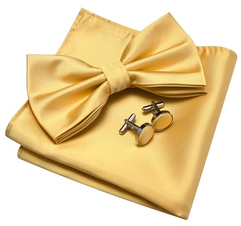 Gusleson Mens Solid Color Double Fold Pre-tied Bow Tie and Pocket Square Cufflink Set with Gift Box