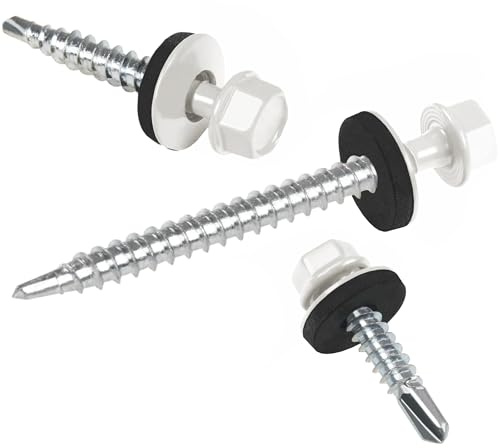 Tornillos para chapas trapezoidales PAROTEC, autorroscantes y autotaladrantes con arandela de sellado EPDM, cabeza hexagonal, 4,8 mm x 70 mm, RAL 9010 Blanco, 200 unidades