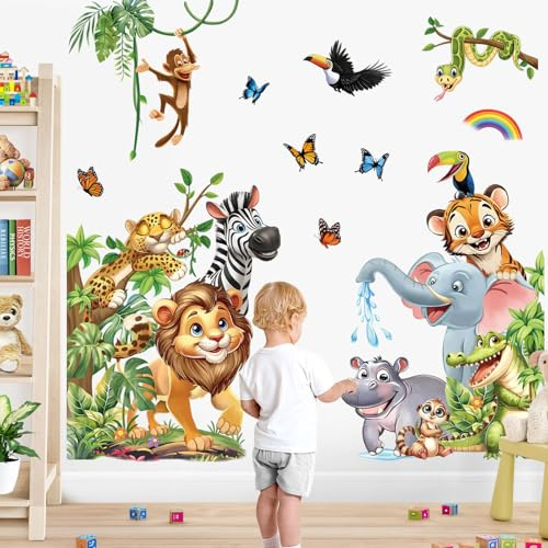 decalmile djungel djur väggklistermärken safari lejon elefant zebra apa tropiska löv dörr väggdekaler baby barnkammare barnrum lekrum dörr väggdekor