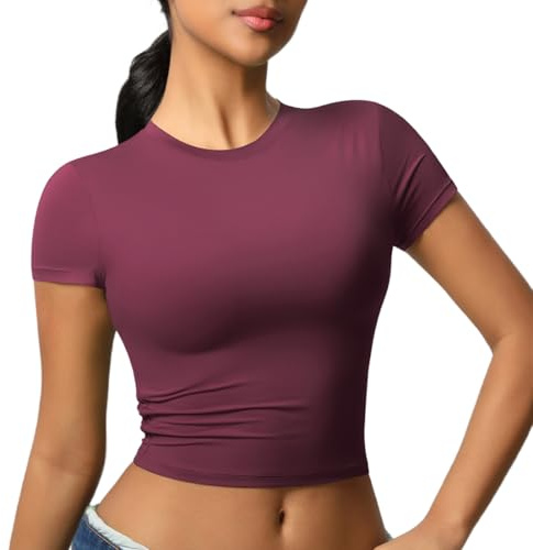 JTSONN Camiseta Deportiva de Manga Corta para Mujer Transpirable Camisa Funcional Camiseta para Correr Camisa de Compresión Cuello Redondo Yoga Fitness Workout Gym Running Crop Top