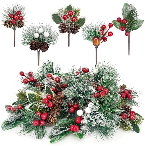 20 rami di abete artificiali, con pigne e bacche rosse, ramoscelli di Natale, decorazione natalizia, rami di bacche, rami di Natale, per corona dell'Avvento fai da te (bacche rosse bianche)