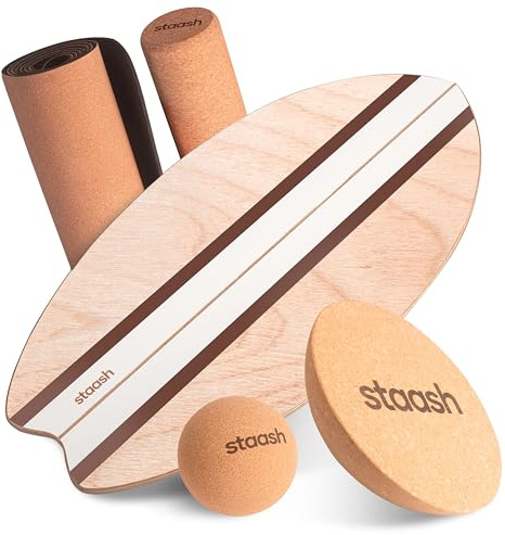 STAASH® Balansbräda i Trä Premium – Balance Board 5-i-1 Set: Bräda + Rulle + Halvklot + Boll + Korkmatta – Gratis STAASH Träningsapp – Fitness, Yoga, Surf, Rehabilitering & Balansträning