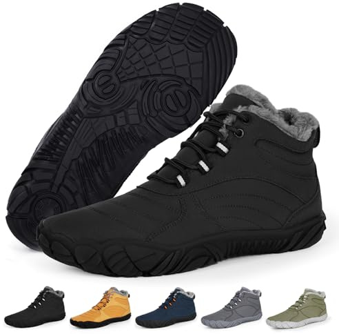 RUYI Barefoot Shoes Winter Men Women Barefoot Shoes Water-Repellent Warm Lined Winter Shoes Trail Running Shoes with Non-Slip Sole and Wide Toe Box, w08 black, 8 UK
