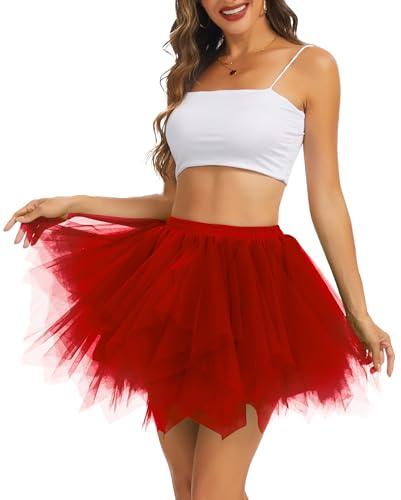 Wikoan Dam tyllkjol underkjol kort balett tutu klassisk 50-tals underkjol rockabilly veckad kjol A-linje minikjol för karneval kostym halloween dans party cosplay, röd, S-M