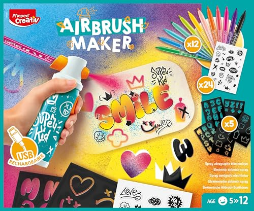 Maped Creativ - Airbrush Maker - Pulvérisateur Aérographe Enfant pour Créer des Effets Incroyables - Activité Graffiti - Transforme tes Feutres en Spray Electronique - Kit de Loisirs Créatifs