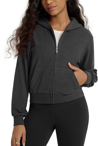 ODODOS Women's Stretch Fleece Full Zip Hoodie, Ultra-Soft Cozy Warm Long Sleeve Cropped Jacket with Pockets, Charcoal Heather, Small
