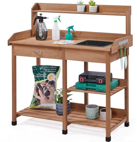 Yaheetech Garden Potting Table, Wood Potting Bench Removable Sink Drawer Planting Germination Workstation w/Open Shelves & Side Hooks for Patio, Balcony, Yard & Lawn, Brown