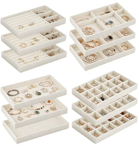 CHIHEUNG 12 Stück Schmucktablett, Stapelbar Schmuck Organizer Schublade, Samt Schmuckaufbewahrung Einsatz für Halsketten Armbänder Ohrringe, Beige, 21,3 x 12,4 x 2,4 cm