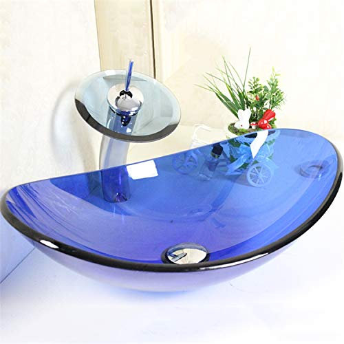 HomeLava Lavabo sobre encimera Lavabo de vidrio templado Lavabo de baño Color azul, sin Grifo