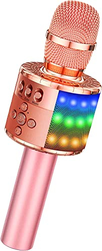BONAOK Kabelloses Mikrofon, Karaoke-Mikrofon, Kinder, Bluetooth, Recorder, tragbar, LED-Lichter, bunt, für Familien-Party, für Android-/iOS-Geräte, Rosa