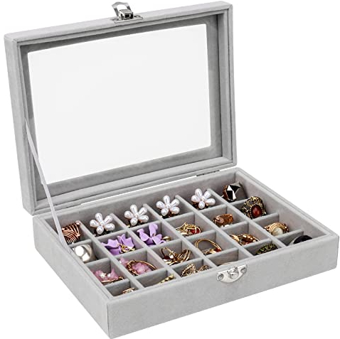 Casiwaft 24 Grid Velvet Jewellery Box, Velvet Clear Lid Jewellery Tray Holder Storage Case, Velvet Glass Jewellery Display Organizer Box for Earrings Rings Necklace Bracelets