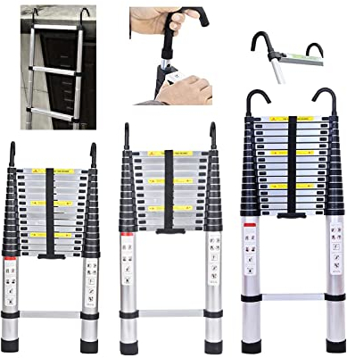Teleskopleiter 4.4m Aluminum Ausziehbare Leiter mit Abnehmbarem Haken Anti-Rutsch Mehrzweckleiter Ausziehbar Tragbare Leiter für Loft/Kletterdach/Indoor Outdoor Arbeiten