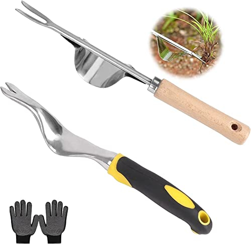 Aila 2 Pack Weeder Tool+ A Pair Of Gloves, Manual Puller Tool, Garden Weeding Dandelion Remover Stainless Weed Bend-Proof Digger For Lawn Yard, silver