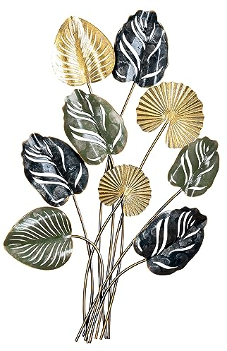 Monstera Metall Wandbild H86cm Gold Grün 3D Metallbild Wandkunst Metall Blätter Wanddeko Deko Industrial Design Floral
