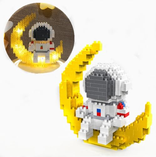 HIGH GODO Space Astronaut Mini Klemmbausteine Set mit LED, 338 Teile Astronaut Mond Micro Bausteine Figuren, Ideen Deko Modell Geschenke Spielzeug für Jugendliche oder Erwachsene