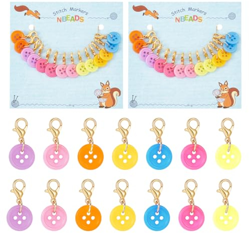 nbeads 28 Stück Flache Runde Knopf-Stichmarkierer Aus Acryl, Häkel-Maschenmarkierer-Anhänger Abnehmbarer Karabinerverschluss Maschenmarkierer Zum Stricken Weben Nähen DIY Herstellung