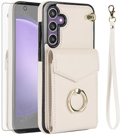Asuwish Telefonfodral för Samsung Galaxy S23 FE 5G plånboksfodral med härdat glas skärmskydd och RFID-blockerande ringstativ kreditkortshållare celltillbehör S 23 EF S23FE 23S kvinnor män benvit